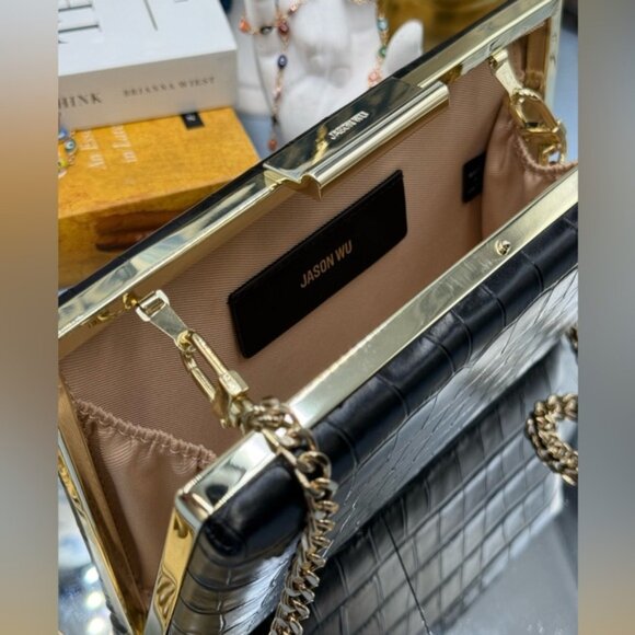 🆕 JASON WU 🧿 NWOT Black Croc Embossed Leather Clutch, with Gold Chain Strap - Picture 12 of 16